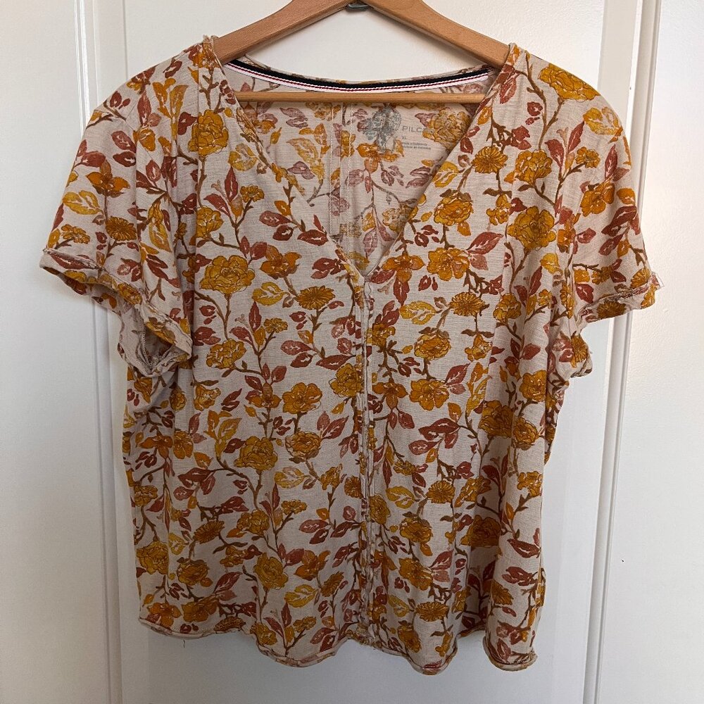 Pilcro Anthropologie Floral Top XL 100% Cotton Boho Mustard Brown Short Sleeve B